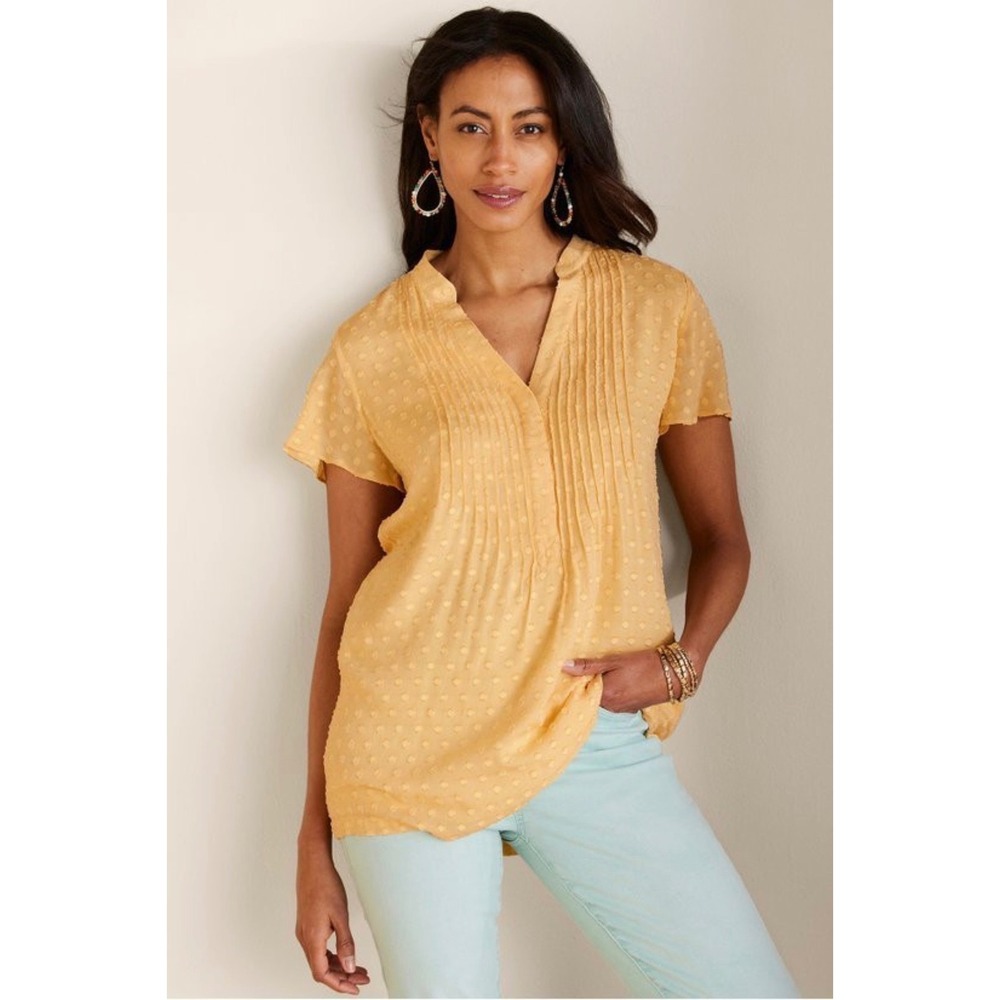 Soft Surroundings Off Shore Top Yellow Golden Haze Pleated Blouse Rayon Size XL